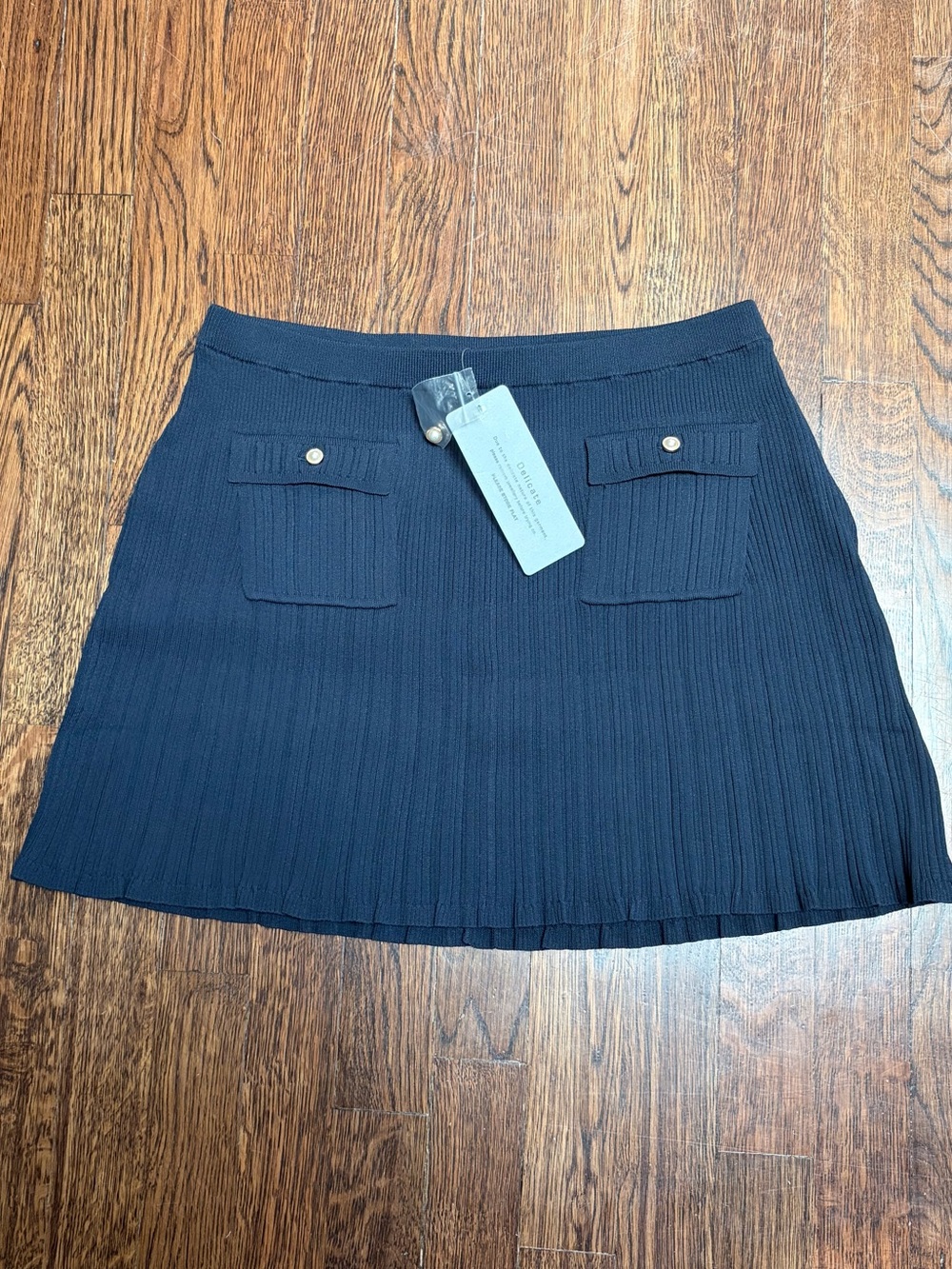 French Connection Navy Ribbed Pleated Mini Skirt with Front Flap Pocket